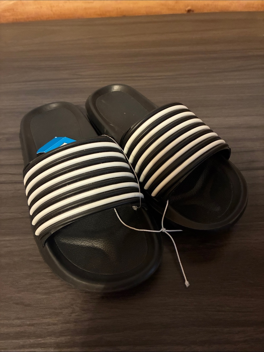 Black and White Multi-Stripe Comfort Slides Slip On Pool & Gym Sandals - Picture 3 of 7